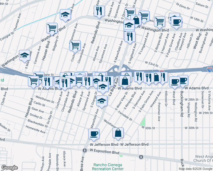 map of restaurants, bars, coffee shops, grocery stores, and more near 2541 South Mansfield Avenue in Los Angeles