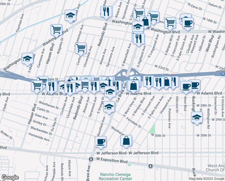 map of restaurants, bars, coffee shops, grocery stores, and more near 2541 South Mansfield Avenue in Los Angeles