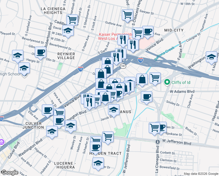 map of restaurants, bars, coffee shops, grocery stores, and more near 2645 South La Cienega Boulevard in Los Angeles