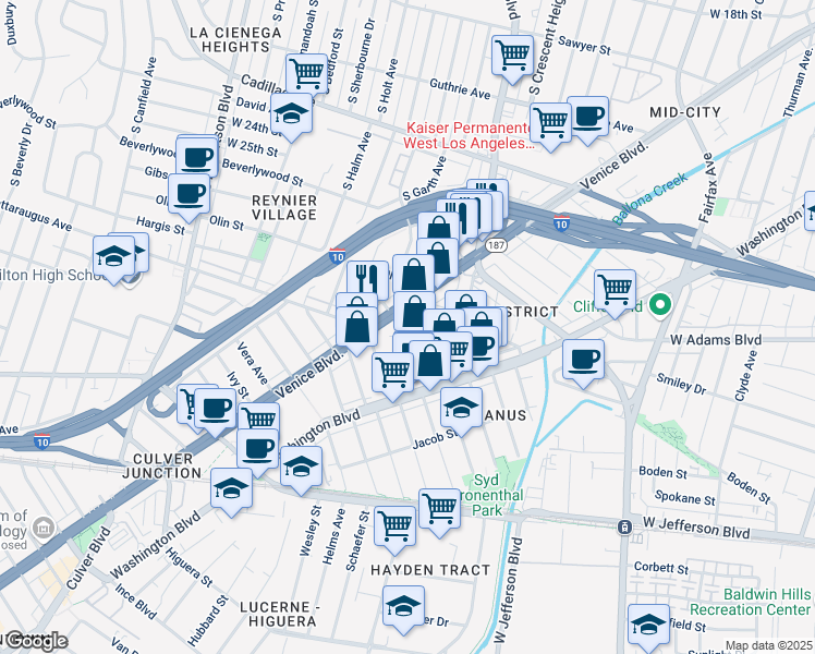 map of restaurants, bars, coffee shops, grocery stores, and more near 8545 Hargis Street in Los Angeles