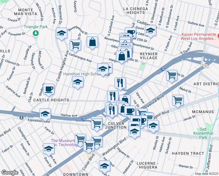 map of restaurants, bars, coffee shops, grocery stores, and more near 2955 South Robertson Boulevard in Los Angeles