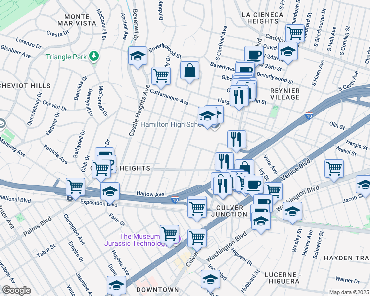 map of restaurants, bars, coffee shops, grocery stores, and more near 3030 South Canfield Avenue in Los Angeles