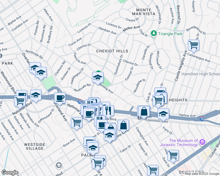 map of restaurants, bars, coffee shops, grocery stores, and more near 3165 Queensbury Drive in Los Angeles