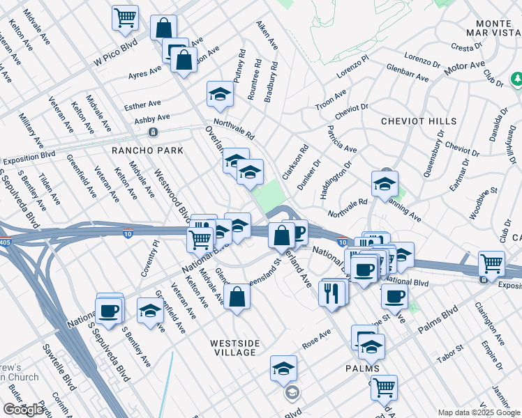 map of restaurants, bars, coffee shops, grocery stores, and more near 2930 Overland Avenue in Los Angeles