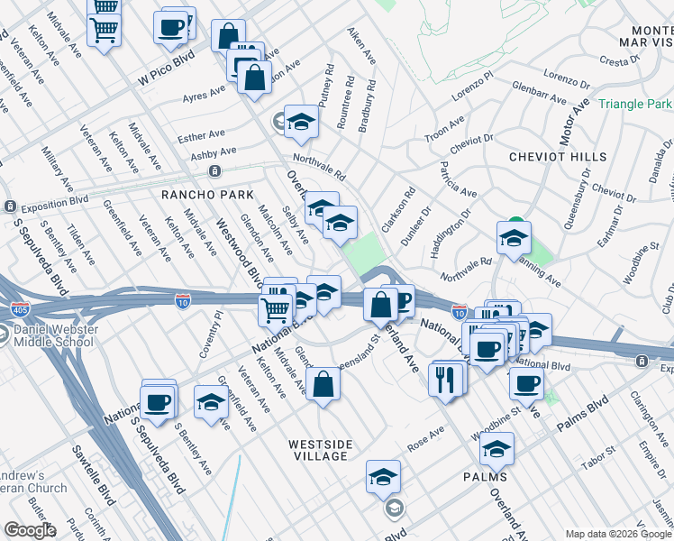 map of restaurants, bars, coffee shops, grocery stores, and more near 2911 Overland Avenue in Los Angeles