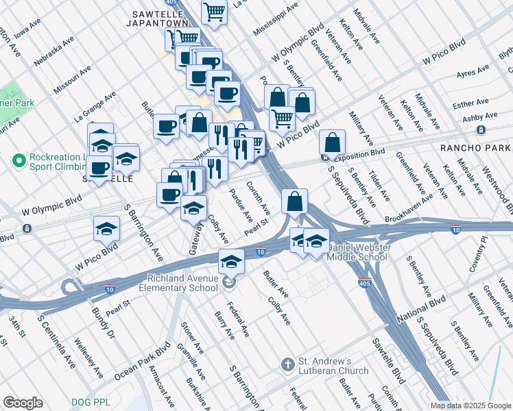 map of restaurants, bars, coffee shops, grocery stores, and more near 2456 Corinth Avenue in Los Angeles