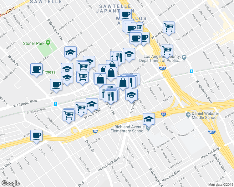 map of restaurants, bars, coffee shops, grocery stores, and more near 2309 Federal Avenue in Los Angeles