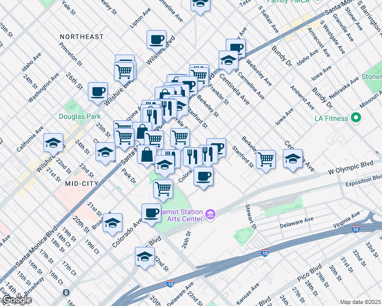 map of restaurants, bars, coffee shops, grocery stores, and more near 1518 Yale Street in Santa Monica