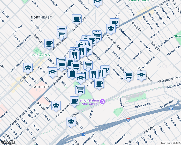 map of restaurants, bars, coffee shops, grocery stores, and more near 1518 Yale Street in Santa Monica
