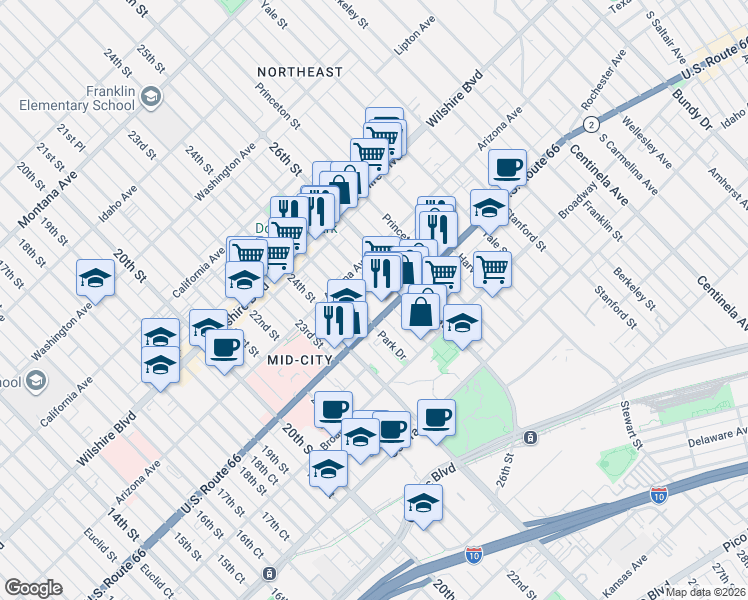 map of restaurants, bars, coffee shops, grocery stores, and more near 2510 Arizona Avenue in Santa Monica
