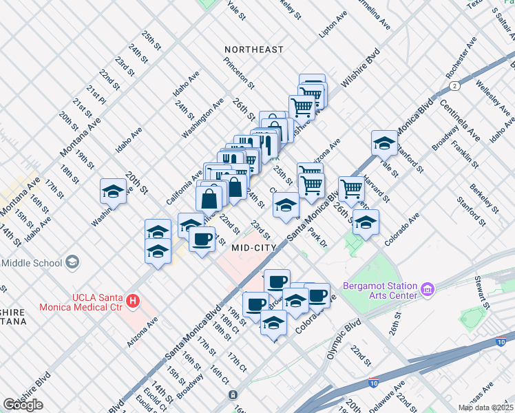 map of restaurants, bars, coffee shops, grocery stores, and more near 1231 24th Street in Santa Monica