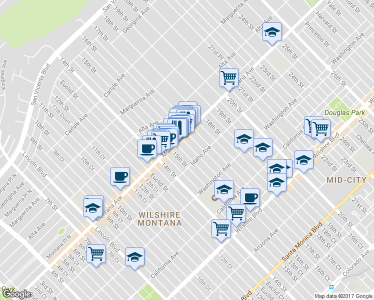 map of restaurants, bars, coffee shops, grocery stores, and more near 817 16th Street in Santa Monica