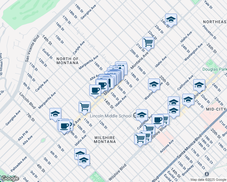map of restaurants, bars, coffee shops, grocery stores, and more near 1511 Montana Place North in Santa Monica