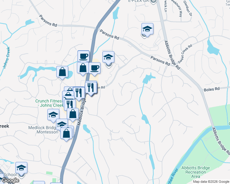 map of restaurants, bars, coffee shops, grocery stores, and more near 404 Windsor Manor Court in Duluth