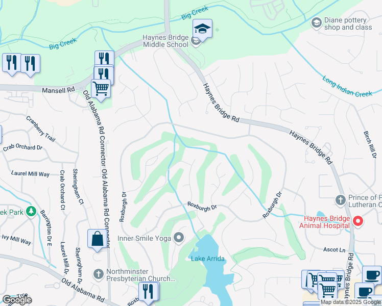 map of restaurants, bars, coffee shops, grocery stores, and more near 10320 Crescent Ridge Drive in Roswell