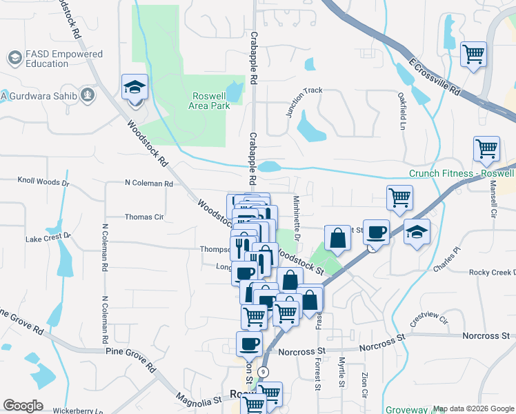 map of restaurants, bars, coffee shops, grocery stores, and more near 1274 Canton Street in Roswell