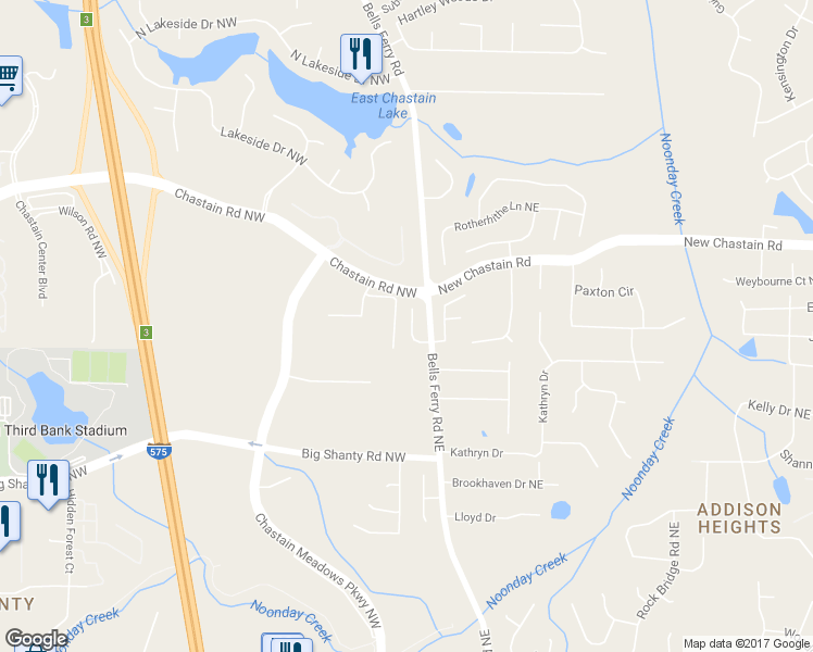 map of restaurants, bars, coffee shops, grocery stores, and more near 3333 Chastain Landings Court in Marietta