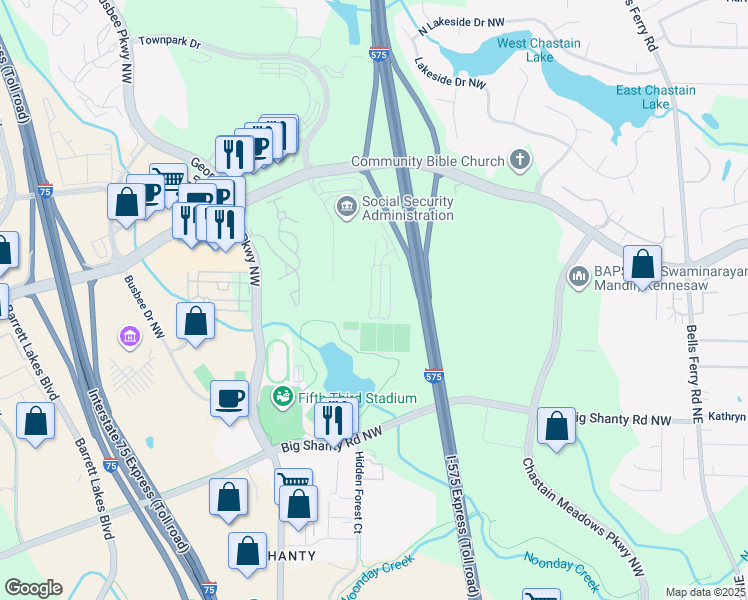 map of restaurants, bars, coffee shops, grocery stores, and more near 3335 Chastain Gardens Drive Northwest in Kennesaw