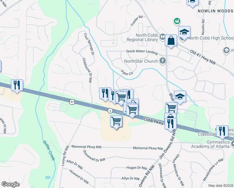 map of restaurants, bars, coffee shops, grocery stores, and more near 3560 Butler Springs Trace in Kennesaw