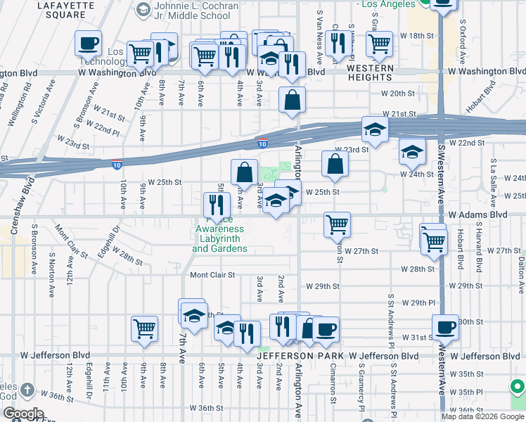 map of restaurants, bars, coffee shops, grocery stores, and more near 3235 West Adams Boulevard in Los Angeles