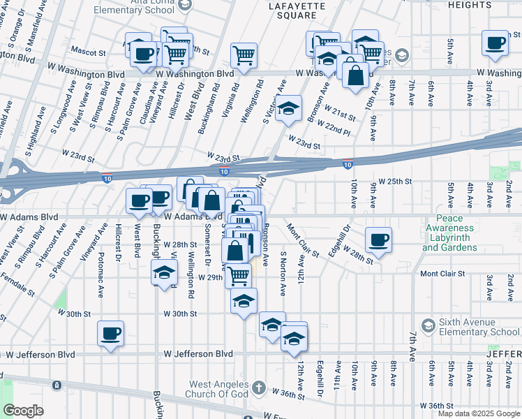 map of restaurants, bars, coffee shops, grocery stores, and more near 4347 West Adams Boulevard in Los Angeles