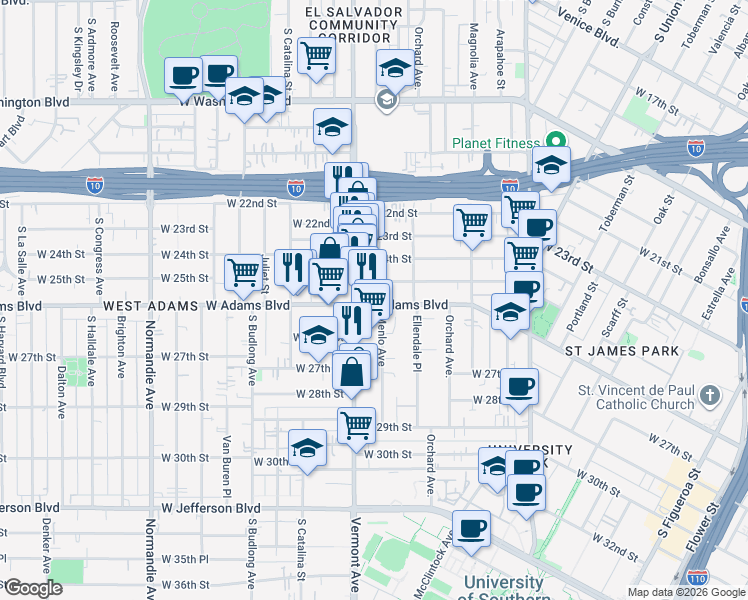 map of restaurants, bars, coffee shops, grocery stores, and more near 1336 West 25th Street in Los Angeles
