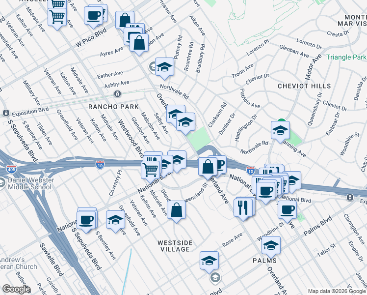 map of restaurants, bars, coffee shops, grocery stores, and more near 2911 Overland Avenue in Los Angeles
