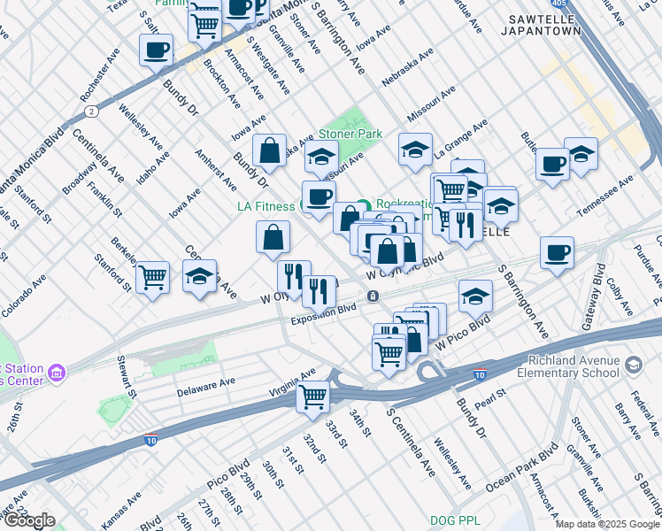 map of restaurants, bars, coffee shops, grocery stores, and more near 2012 South Bundy Drive in Los Angeles