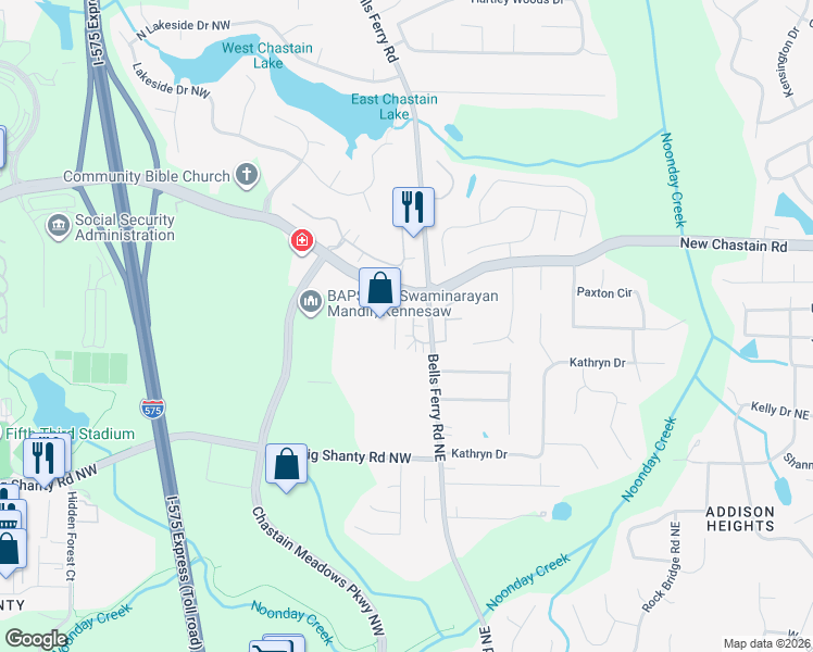 map of restaurants, bars, coffee shops, grocery stores, and more near 3333 Chastain Landings Court in Marietta