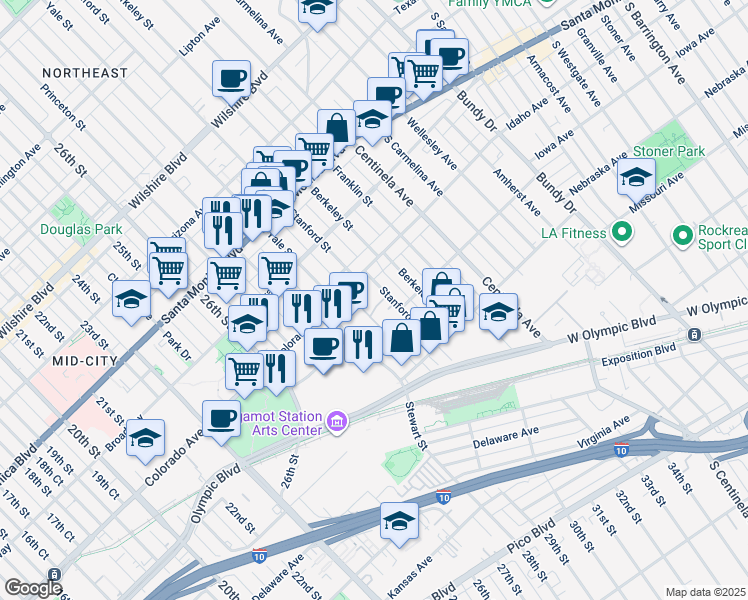map of restaurants, bars, coffee shops, grocery stores, and more near 2929 Pennsylvania Avenue in Santa Monica