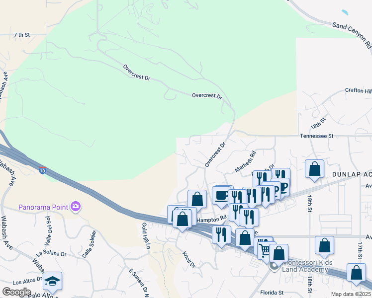 map of restaurants, bars, coffee shops, grocery stores, and more near 31254 Tarryton Court in Yucaipa