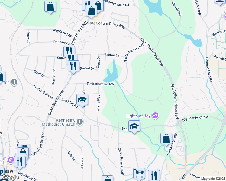 map of restaurants, bars, coffee shops, grocery stores, and more near 1689 Timberlake Road Northwest in Kennesaw