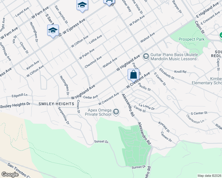 map of restaurants, bars, coffee shops, grocery stores, and more near 1204 San Jacinto Street in Redlands