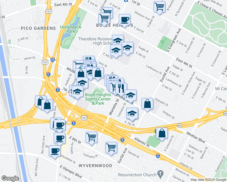 map of restaurants, bars, coffee shops, grocery stores, and more near 2635 Whittier Boulevard in Los Angeles