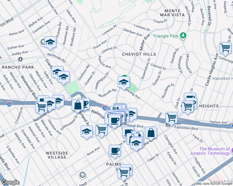 map of restaurants, bars, coffee shops, grocery stores, and more near 10300 Northvale Road in Los Angeles