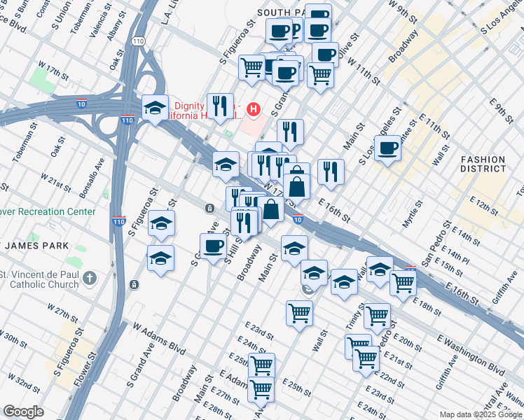 map of restaurants, bars, coffee shops, grocery stores, and more near 203 West 18th Street in Los Angeles