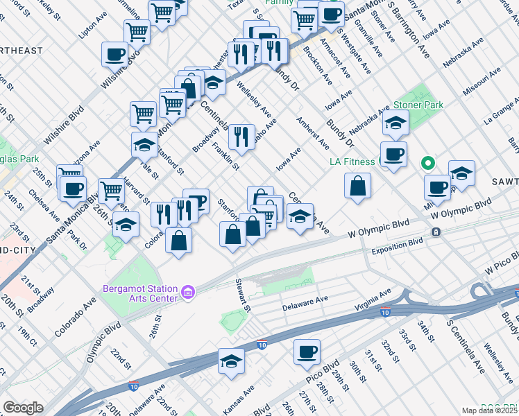 map of restaurants, bars, coffee shops, grocery stores, and more near 1702 Franklin Street in Santa Monica
