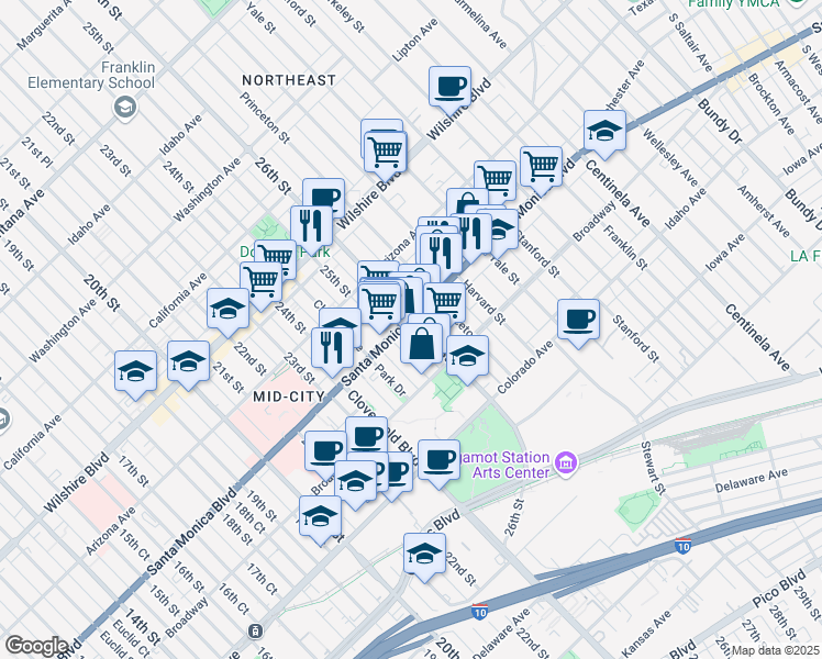 map of restaurants, bars, coffee shops, grocery stores, and more near in Santa Monica