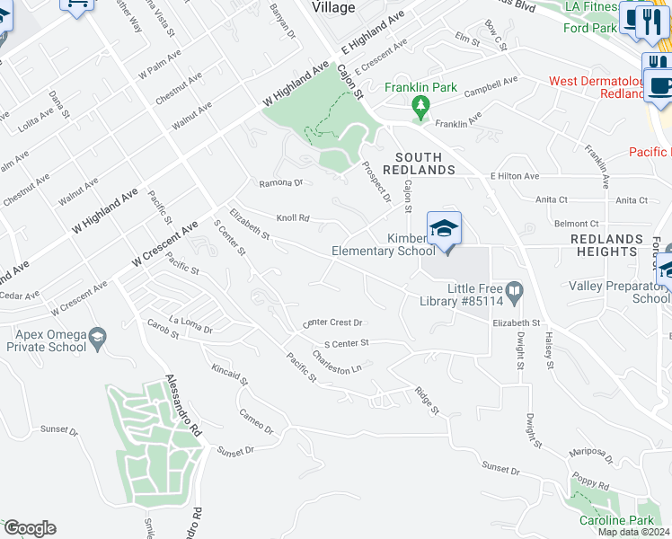 map of restaurants, bars, coffee shops, grocery stores, and more near 1400 Elizabeth Street in Redlands