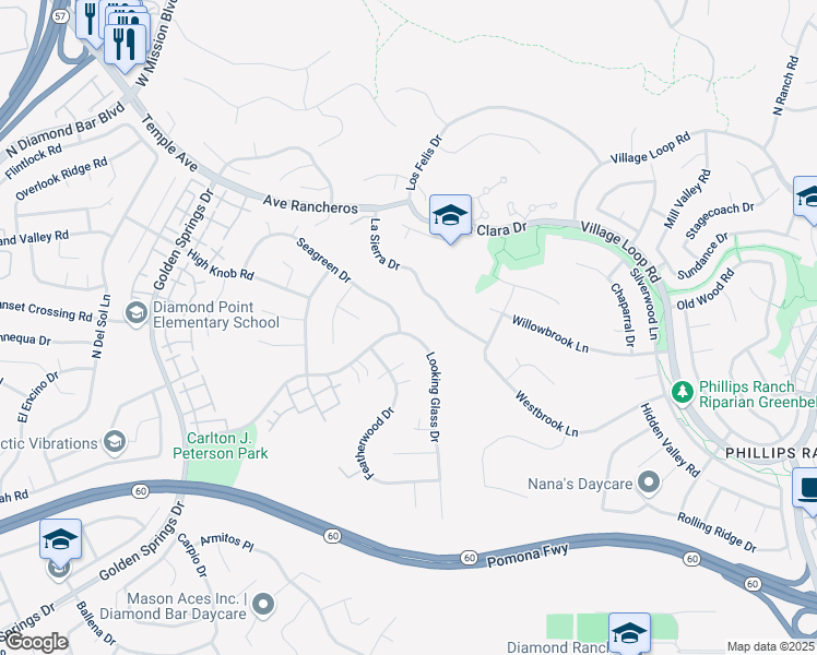 map of restaurants, bars, coffee shops, grocery stores, and more near 24345 Seagreen Drive in Diamond Bar