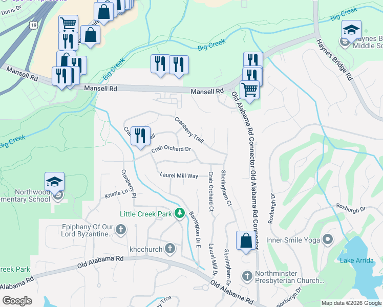 map of restaurants, bars, coffee shops, grocery stores, and more near 725 Crab Orchard Drive in Roswell