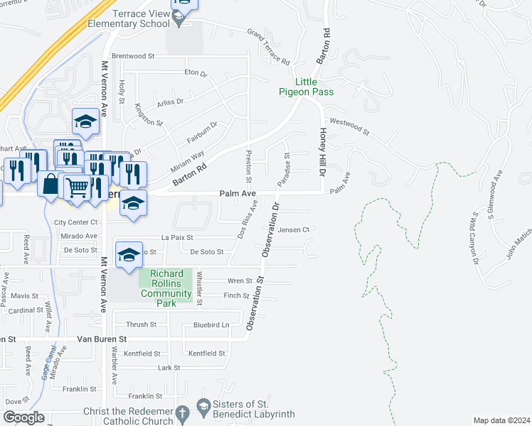map of restaurants, bars, coffee shops, grocery stores, and more near 12154 Observation Drive in Grand Terrace