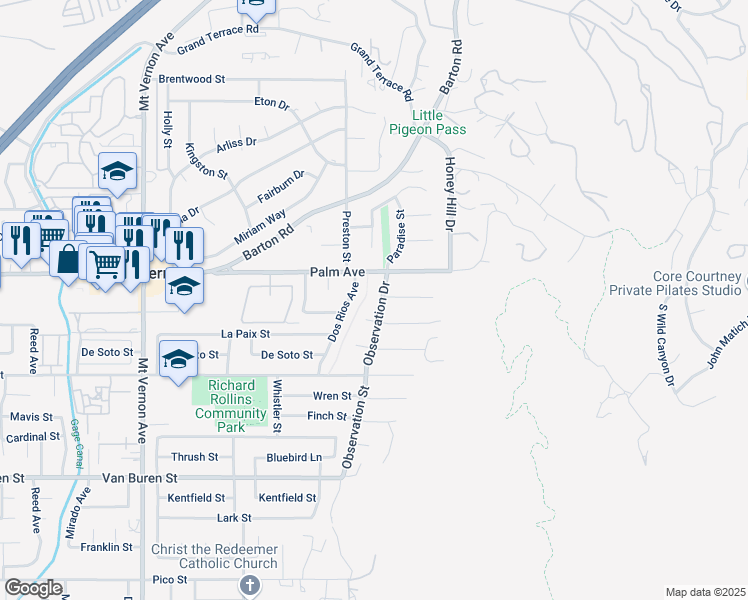map of restaurants, bars, coffee shops, grocery stores, and more near 12154 Observation Drive in Grand Terrace