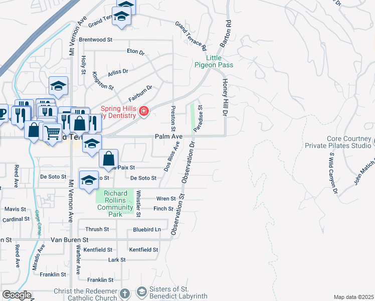 map of restaurants, bars, coffee shops, grocery stores, and more near 12154 Observation Drive in Grand Terrace