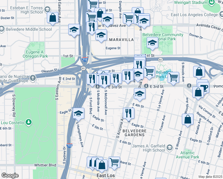 map of restaurants, bars, coffee shops, grocery stores, and more near 4620 East 3rd Street in Los Angeles