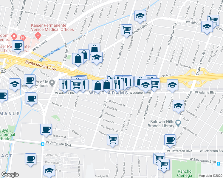 map of restaurants, bars, coffee shops, grocery stores, and more near 2540 Hauser Boulevard in Los Angeles