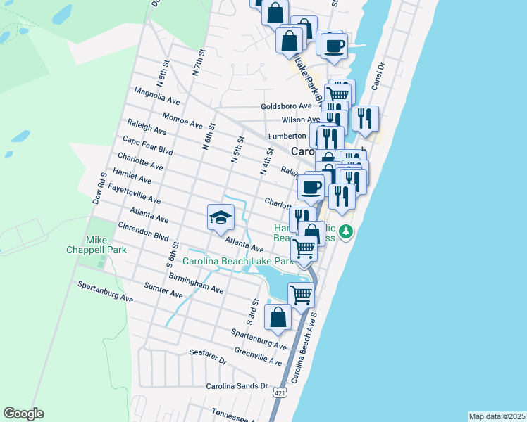 map of restaurants, bars, coffee shops, grocery stores, and more near 312 Hamlet Avenue in Carolina Beach
