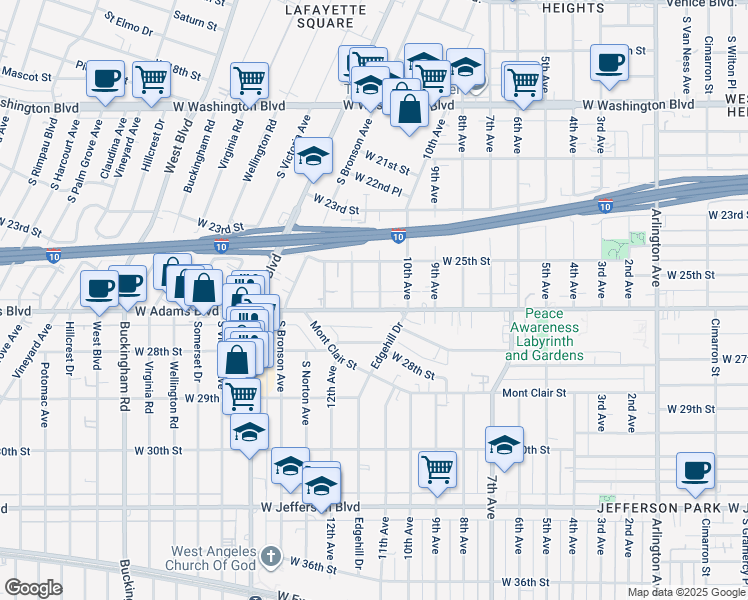 map of restaurants, bars, coffee shops, grocery stores, and more near 4101 West Adams Boulevard in Los Angeles