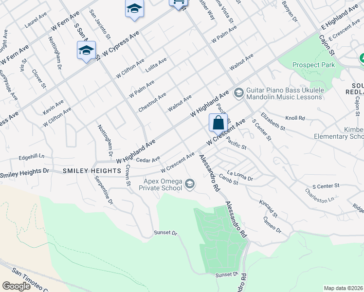 map of restaurants, bars, coffee shops, grocery stores, and more near 1204 San Jacinto Street in Redlands