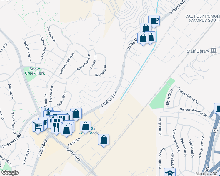 map of restaurants, bars, coffee shops, grocery stores, and more near 22127 Portofino Drive in Walnut